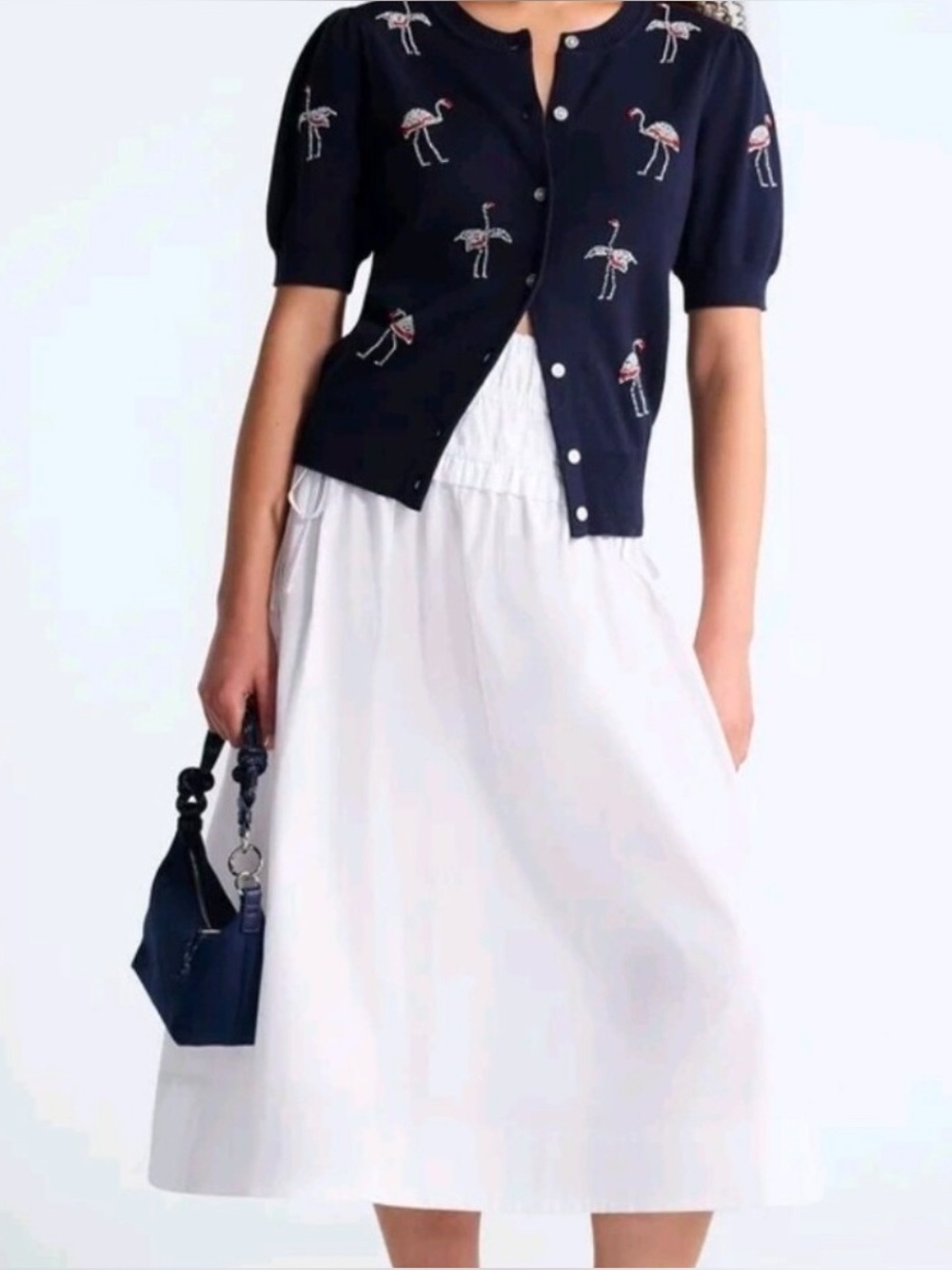 Free Assembly Navy Beaded Flamingo Button-Up Cardigan Sweater  Women's L (12-14)
